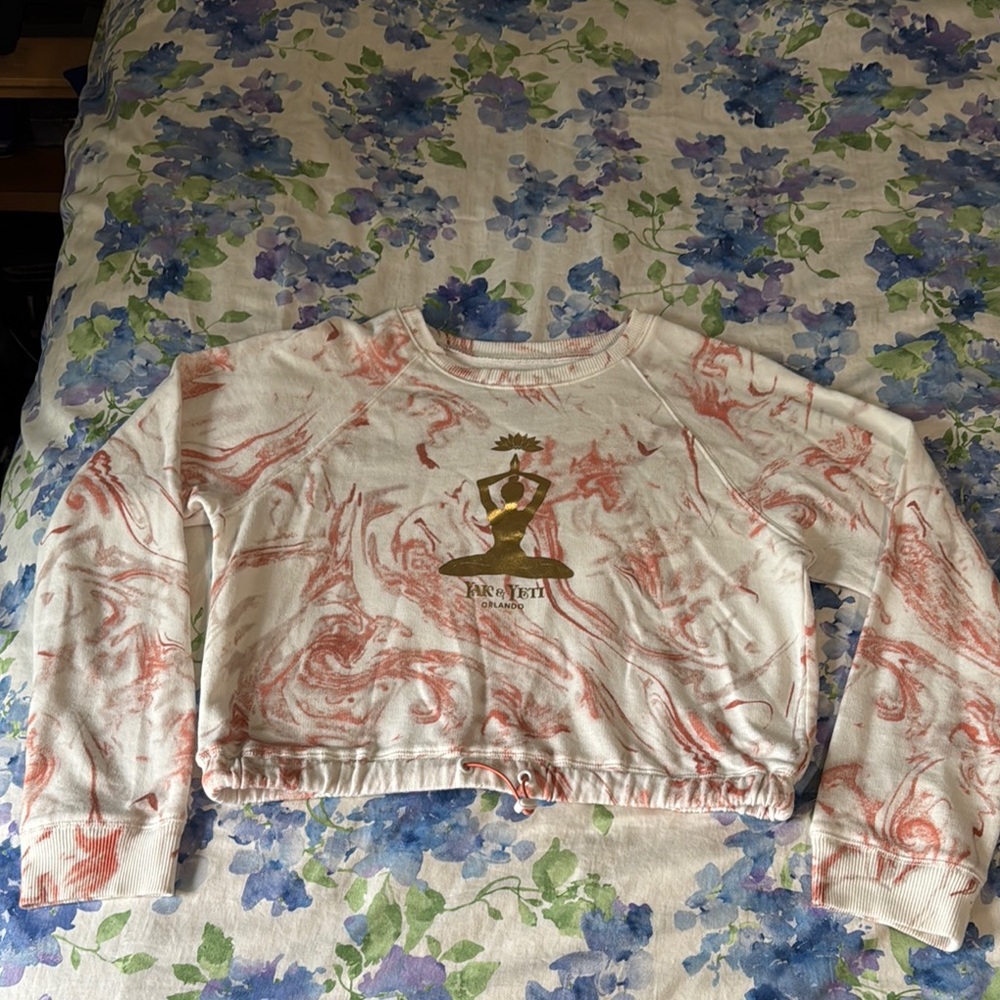 Peach and White Graphic Cropped Sweatshirt